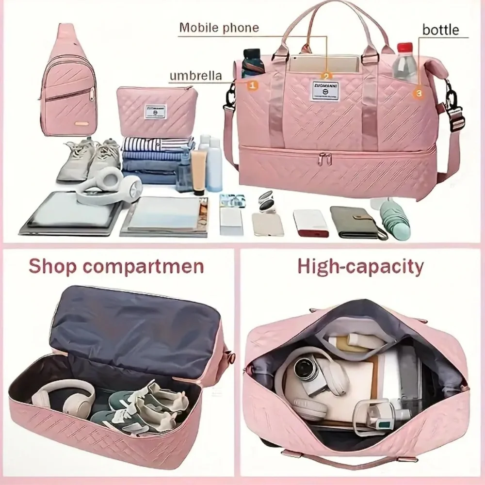 3 piece Pink Quilted Travel Bag Set with Versatile Design brand new - Picture 4 of 8